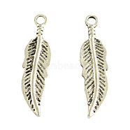 Tibetan Style Alloy Pendants, Feather, Cadmium Free & Nickel Free & Lead Free, Antique Silver, 30x8x1.5mm, Hole: 2mm(TIBEP-1397-AS-FF)