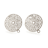 Brass Stud Earring Findings, with Loop, Flat Round with Flower, Nickel Free, Real Platinum Plated, 17.5x15mm, Hole: 1.2mm, pin: 0.6mm(X-KK-S345-262)