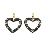Rack Plating Brass Micro Pave Colorful Cubic Zirconia Pendants, with Enamel, Cadmium Free & Nickel Free & Lead Free, Real 18K Gold Plated, Heart, Black, 21x20.5x2.5mm, Hole: 4.5x2mm(KK-D073-07G-05)