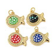 Brass Micro Pave Cubic Zirconia Pendants, with Enamel & Shell, with Jump Rings, Real 18K Gold Plated, Fish, Mixed Color, 16x17.5x3.5mm, Hole: 3.5mm(KK-K356-20G)