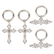 Tibetan Style Alloy Shoe Charms, with Alloy Spring Gate Rings, Cross & Bat, Antique Silver & Platinum, 37~56mm, 2 style, 2pcs/style, 4pcs/set(PALLOY-AB00070)