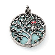 Synthetic Turquoise Tree of Life with Owl Pendants, Rack Plating Anstique Silver Plated Alloy Siam Rhinestone Flat Round Charms, Lead Free & Cadmium Free, 31.5x27.5x10~11mm, Hole: 8x4mm(G-L524-15AS-03)