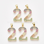 Brass Cubic Zirconia Pendants, Real 14K Gold Plated, Colorful, Number, Num.2, 24x13x1.5mm, Hole: 4x3mm(ZIRC-S062-01B-2)
