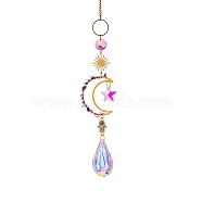 Glass & Brass Moon Star Pendant Decorations, Hanging Suncatchers, with Chips Artificial Agate, for Home Decoration, Dark Violet, 400~430mm(HJEW-PW0002-06D)