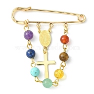 Religion Cross Virgin Mary Alloy Pendant Kilt Pins, Chakra Gemstone Beaded & Iron Brooches, Golden, 55x50mm(JEWB-TA00016)