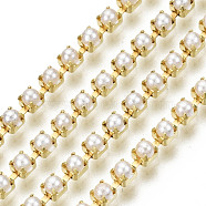 Brass Cup Chains, with ABS Plastic Imitation Pearl , Beige, Raw(Unplated), 2mm(CHC-R009-01C-2MM)