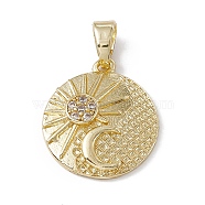 Rack Plating Brass Cubic Zirconia Pendants, Flat Round with Sun and Moon Charm, Long-Lasting Plated, Lead Free & Cadmium Free, Real 18K Gold Plated, 21x18.5x4mm, Hole: 4.3x3.6mm(KK-M236-06G)