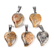 Natural Crazy Agate Heart Pendants, Love Heart Charms with 304 Stainless Steel Snap on Bails, Stainless Steel Color, 22.5x15.5x6mm, Hole: 6x3.5mm(G-H073-03P-13)