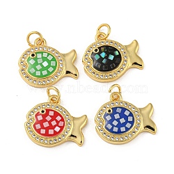 Brass Micro Pave Cubic Zirconia Pendants, with Enamel & Shell, with Jump Rings, Real 18K Gold Plated, Fish, Mixed Color, 16x17.5x3.5mm, Hole: 3.5mm(KK-K356-20G)