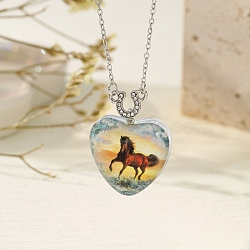 Heart with Horse Pattern Glass Pendant Necklaces, Stinaless Steel Cable Chains Necklaces for Women, Light Blue, 16.14~19.69 inch(41~50cm)(PW-WGF1C5C-03)