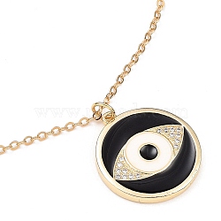 Brass Micro Pave Cubic Zirconia Pendant Necklaces, with Enamel, Brass Cable Chain and 304 Stainless Steel Lobster Claw Clasps, Flat Round with Evil Eye, Golden, 21.85 inch(55.5cm)(NJEW-JN02934-01)