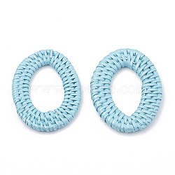 Handmade Spray Painted Reed Cane/Rattan Woven Linking Rings, For Making Straw Earrings and Necklaces,  Dyed, Pearlized Effect, Oval, Sky Blue, 46~54x32~40x4~5mm, inner measure: 28~37x16~19.5mm(X-WOVE-N007-04C)