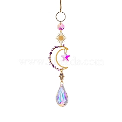 Glass & Brass Moon Star Pendant Decorations, Hanging Suncatchers, with Chips Artificial Agate, for Home Decoration, Dark Violet, 400~430mm(HJEW-PW0002-06D)