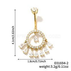 Brass Full Crystal Rhinestone Shiny Hollow Ring Tassel Curved Barbell Belly Button Rings, Golden, 41x18mm(CT4144-2)