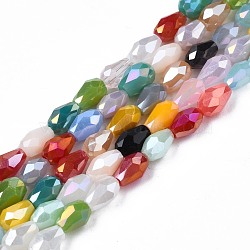 Electroplate Opaque Solid Color Glass Beads Strands, AB Color Plated, Faceted, Rice, Colorful, 3~4x3.5~5.5mm, Hole: 0.7mm, about 95pcs/strand, 18.90 inch~19.09 inch(48~48.5cm)(EGLA-N006-026)