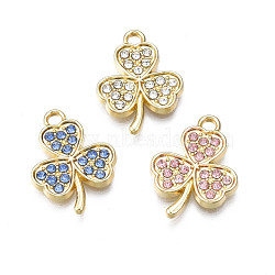 Alloy Pendants, with Rhinestone, Cadmium Free & Nickel Free & Lead Free, Clover, Light Gold, Mixed Color, 18.5x14x2mm, Hole: 1.8mm(PALLOY-N170-006-LG-NR)