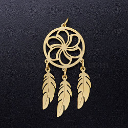 201 Stainless Steel Pendants, with Jump Rings, Woven Net/Web with Feather, Golden, 46x20x1mm, Hole: 3mm, Ring: 5x0.8mm(STAS-S105-JN351-2)