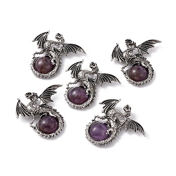 Natural Amethyst Dome Pendants, Gragon Charms, with Rack Plating Antique Silver Tone Alloy Findings, Cadmium Free & Lead Free, 44x46x9mm, Hole: 5.5x4mm