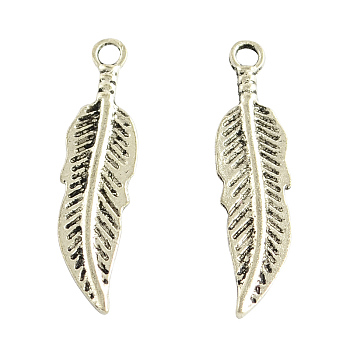 Tibetan Style Alloy Pendants, Feather, Cadmium Free & Nickel Free & Lead Free, Antique Silver, 30x8x1.5mm, Hole: 2mm