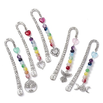 Flower Pattern Alloy Hook Bookmarks, Round & Heart Glass Beaded Bookmark with Heart/Angel/Moon Charm, Mixed Shapes, 124mm, Pendant: 90~104x16.5~29.5x8.5mm
