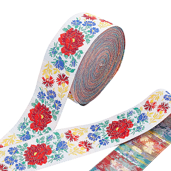 Bohemian Style Polyester Ribbon, Jacquard Ribbon, Tyrolean Ribbon, Clothing Accessories, Flower, Colorful, 1-1/4 inch(33mm), 10 yards/roll