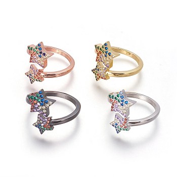 Cubic Zirconia Cuff Rings, Open Rings, with Brass Findings, Star, Mixed Color, Size 9, 19mm
