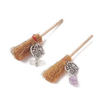 Halloween Wood Mini Broom Witches Broomstick Straw Broom Home Decorations, with Rough Raw Natural Gemstone Beads and Alloy Pendants, 98~100x16~30mm, 2pcs/set