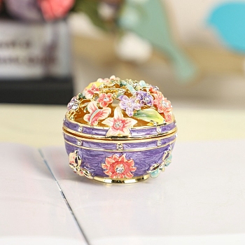 Flower Alloy Enamel Box, with Rhinestone and Magnetic Clasps, for Ring, Neckalces, Pendant, Home Decoration, Medium Purple, 5.3x4.4cm