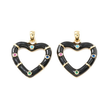 Rack Plating Brass Micro Pave Colorful Cubic Zirconia Pendants, with Enamel, Cadmium Free & Nickel Free & Lead Free, Real 18K Gold Plated, Heart, Black, 21x20.5x2.5mm, Hole: 4.5x2mm