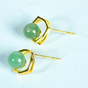 Natural Green Aventurine Studs Earrings, Jewelry for Women, Golden, 9.8mm