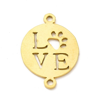 Ion Plating(IP) 201 Stainless Steel Connector Charms, Flat Round Links with Dog Claw & Word Love Pattern, Golden, 22x16x1mm, Hole: 1.5mm