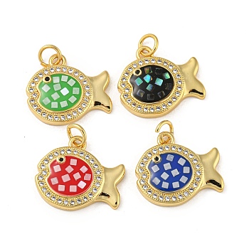 Brass Micro Pave Cubic Zirconia Pendants, with Enamel & Shell, with Jump Rings, Real 18K Gold Plated, Fish, Mixed Color, 16x17.5x3.5mm, Hole: 3.5mm