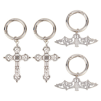 Tibetan Style Alloy Shoe Charms, with Alloy Spring Gate Rings, Cross & Bat, Antique Silver & Platinum, 37~56mm, 2 style, 2pcs/style, 4pcs/set