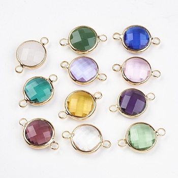 Brass Glass Links connectors, Faceted, Flat Round, Light Gold, Mixed Color, 12.5x19.5x4.5mm, Hole: 2mm