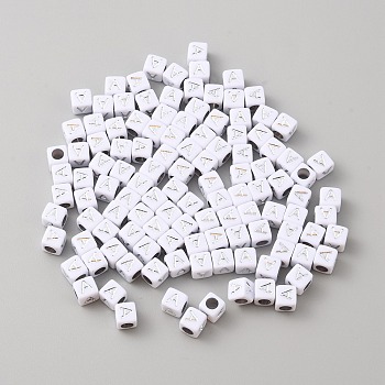 Opaque Acrylic Beads, White Cube with Silver Letter, Letter.A, 6x6x6mm, Hole: 3.5mm, about 7000pcs/1000g