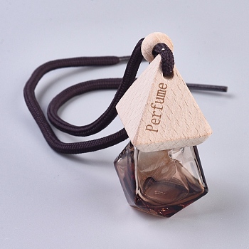 Empty Fragrance Oil Aromatic Perfume Oil Glass Pendant Decorations, with Wooden Lid and Polyester Rope, Polygon, Coconut Brown, 16.5 inch(42cm), Bottle: 38x38x58mm