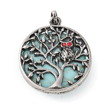 Synthetic Turquoise Tree of Life with Owl Pendants, Rack Plating Anstique Silver Plated Alloy Siam Rhinestone Flat Round Charms, Lead Free & Cadmium Free, 31.5x27.5x10~11mm, Hole: 8x4mm