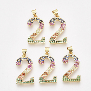 Brass Cubic Zirconia Pendants, Real 14K Gold Plated, Colorful, Number, Num.2, 24x13x1.5mm, Hole: 4x3mm