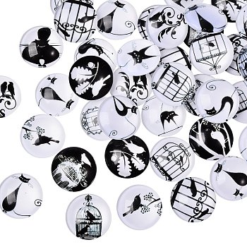50Pcs Retro Black and White Picture Glass Cabochons, Half Round/Dome, Black, 20x6mm