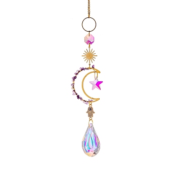 Glass & Brass Moon Star Pendant Decorations, Hanging Suncatchers, with Chips Artificial Agate, for Home Decoration, Dark Violet, 400~430mm