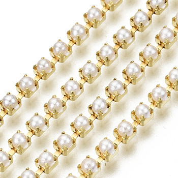 Brass Cup Chains, with ABS Plastic Imitation Pearl , Beige, Raw(Unplated), 2mm