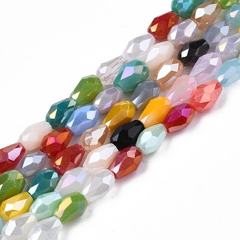 Electroplate Opaque Solid Color Glass Beads Strands, AB Color Plated, Faceted, Rice, Colorful, 3~4x3.5~5.5mm, Hole: 0.7mm, about 95pcs/strand, 18.90 inch~19.09 inch(48~48.5cm)
