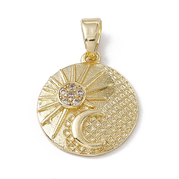 Rack Plating Brass Cubic Zirconia Pendants, Flat Round with Sun and Moon Charm, Long-Lasting Plated, Lead Free & Cadmium Free, Real 18K Gold Plated, 21x18.5x4mm, Hole: 4.3x3.6mm