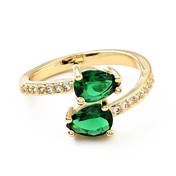 Green Cubic Zirconia Teardrop Open Cuff Ring, Brass Jewelry for Women, Cadmium Free & Lead Free, Real 18K Gold Plated, US Size 6 3/4(17.1mm)