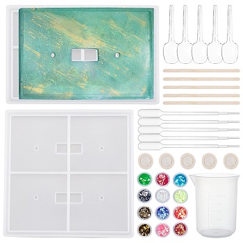 DIY Light Switch Cover Silicone Molds Kits, Including Wooden Craft Sticks, Plastic Transfer Pipettes, Latex Finger Cots, Plastic Spoons, Plastic Measuring Cup, White, 127x82x7mm, Hole: 4mm, Inner Diameter: 10x24.5mm, 117x117x7mm, Hole: 4mm, Inner Diameter: 10x24.5mm, 1set