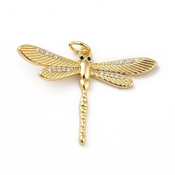 Brass Micro Pave Cubic Zirconia Pendants, with Jump Ring, Long-Lasting Plated, Dragonfly, Real 18K Gold Plated, 28x37x2mm