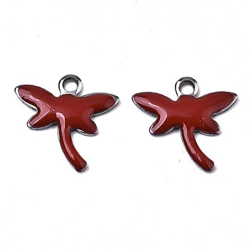 201 Stainless Steel Enamel Charms, Dragonfly, Stainless Steel Color, Brown, 11.5x12x1.5mm, Hole: 1.2mm