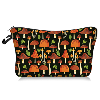 Rectangle Polyester Cosmetic Storage Bags, Mushroom Print Zipper Pouches for Makeup Storage, Black, 13.5x22cm
