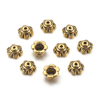 Tibetan Style Bead Caps, Antique Golden, Lead Free and Cadmium Free, Flower, Size: 7x3mm, Hole: 1.5mm