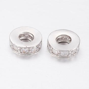 Brass Micro Pave Cubic Zirconia European Beads, Large Hole Beads, Flat Round, Real Platinum Plated, 8x3mm, Hole: 4mm